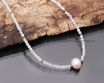 Natural Moonstone And Pearl Beaded Necklace, 3mm Moonstone Smooth Round Bead Necklace, Moonstone Pearl Jewelry, Gift For Her, Birthday Gift