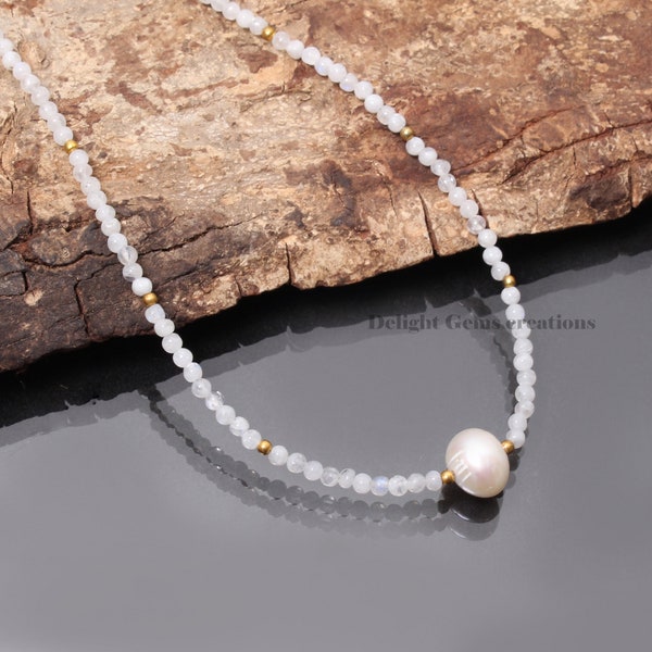 Natural Moonstone And Pearl Beaded Necklace, 3mm Moonstone Smooth Round Bead Necklace, Moonstone Pearl Jewelry, Gift For Her, Birthday Gift
