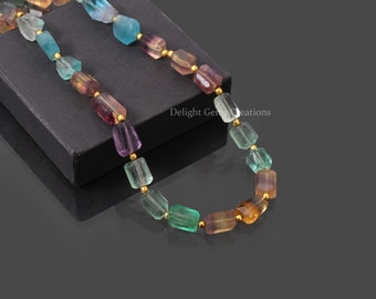 Multi Color Fluorite Tumbled Beads Necklace, 9x10-9x15 mm Fluorite Laser Cut Tumbled Gemstone Beads With Golden Spacer Brass Balls, Gift Her