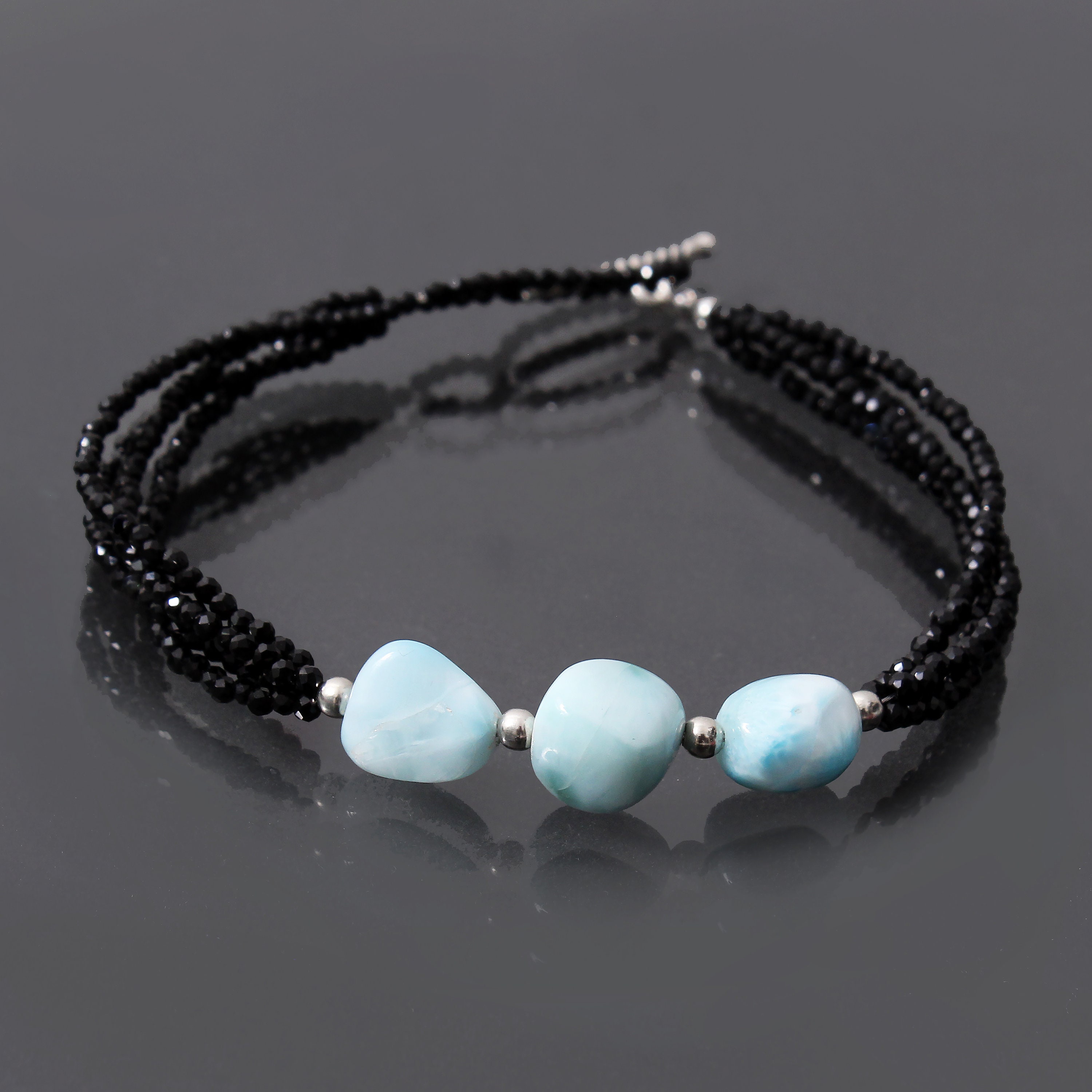 Larimar And Black Spinel Beaded Bracelet, 2mm Micro Faceted Black Spinel Gemstone Bracelet, Multi Strand Bracelet,Birthday Gift,Gift For Her