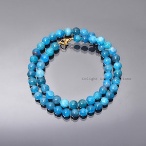 Natural Blue Apatite Beaded Necklace-8MMSmooth Round Blue Gemstone Necklace-AAA Apatite Jewelry-Handmade Jewelry-925 Lobster Clasp-Art Deco