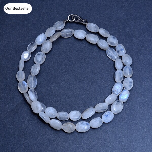 Moonstone Beaded Necklace, 6x9-6x13 mm Rainbow Moonstone Beads Necklace, Handmade, Statement Necklace, Smooth Oval Tumble Beads Necklace