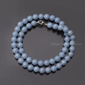 Natural Angelite Beaded Necklace, 8mm Smooth Round Angelite Beads Necklace, Angelite Gemstone Necklace 18 Inch, Blue Angelite Bead Jewelry