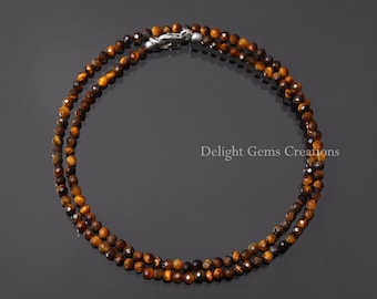 3mm Tiger Eye Beaded Necklace, Micro Faceted Tiger Eye Round Beads Necklace, Tiny Beads Necklace, Minimalist Tiger Eye Jewelry, Gift for Her