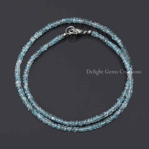 Natural Blue Zircon Beaded Necklace 3.5-4mm Faceted Rondelle Blue Zircon Beads Necklace, Minimalist Necklace-Tiny beads Women Necklace-Gift