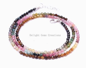 multi tourmaline beaded necklace, 3mm watermelin tourmaline faceted round bead necklace, tourmaline gemstone necklace size 16 to 30 inches