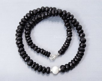 Genuine Black Spinel Beaded Necklace, 7-10mm Faceted Rondelles & Freshwater Pearl Centerpiece Necklace, Unique Gift for Her, Free Shipping