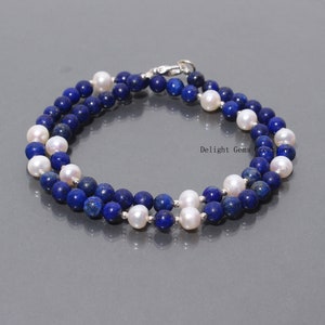Lapis Lazuli With Pearl Beaded Necklace, 6-7mm Blue & white Bead Necklace, Lapis Smooth Round Beads Designer Necklace, Women&#39;s Necklace