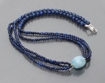 Lapis Lazuli With Aquamarine Beaded Necklace, 3mm|6mm Lapis Gemstone Beads Necklace 22"Inches, Handmade Lapis Lazuli Beaded Silver Necklace
