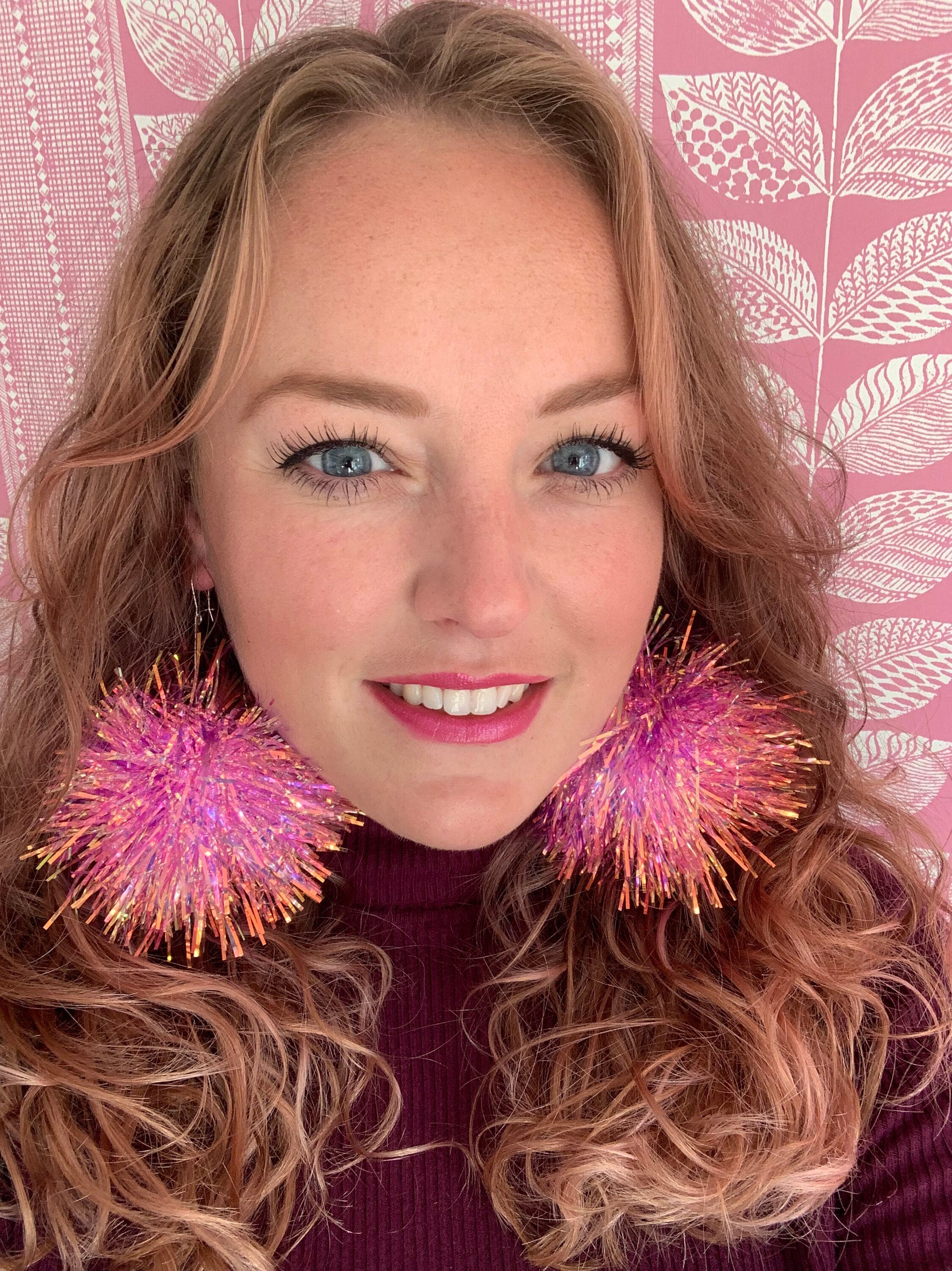 Luscious Lavender Tinsel Pom Pom Earring. Party Earrings festival