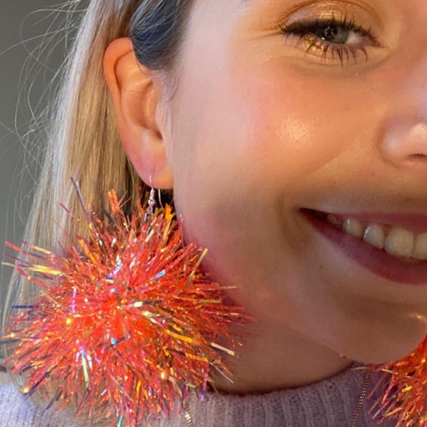 Just Peachy Tinsel Pom Pom Party Earrings. Festival Wear/Festival Earrings/Statement Earrings/ Hen Party/ Bachelorette Party