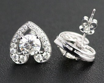 Heart Shape Open Halo Diamond Earrings 6.5MM Round Cut White Moissanite Engagement Gift Stud Earrings 10K White Gold Push Back Stud Earrings