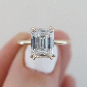 3 Carat White Emerald Cut Moissanite Double Prong Tulip Setting Unique Solitaire Anniversary Ring, 14K Yellow Gold Ring, Engagement Ring