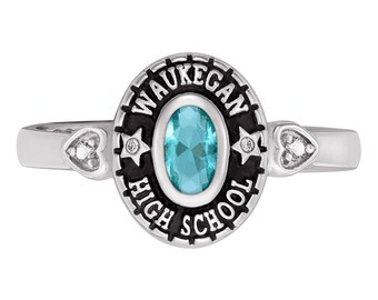 Fully Personalize School Ring, Ladie's Oval Cut Birthstone And Diamond Accent Class Ring (1 Stone), 925 Silver Customized Graduation Ring