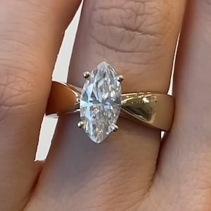 14k Solid Yellow Gold Marquise Cut 1.85Ct White Moissanite Wedding Ring, Unique Wide Plain Band Ring, Bold Marquise Simulated Diamond Ring