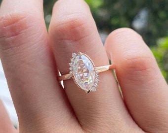 Marquise Cut 1.85CT Moissanite Half Halo Unique Ring, Milgrain Setting Ring, 10K / 14K Rose Gold Ring, Wedding Bridal Ring, Anniversary Ring
