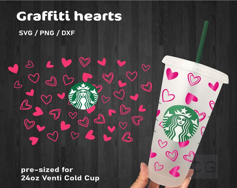 Graffiti hearts wrap svg for Starbucks cup, venti cold cup with logo cut out, Hearts Starbucks svg 