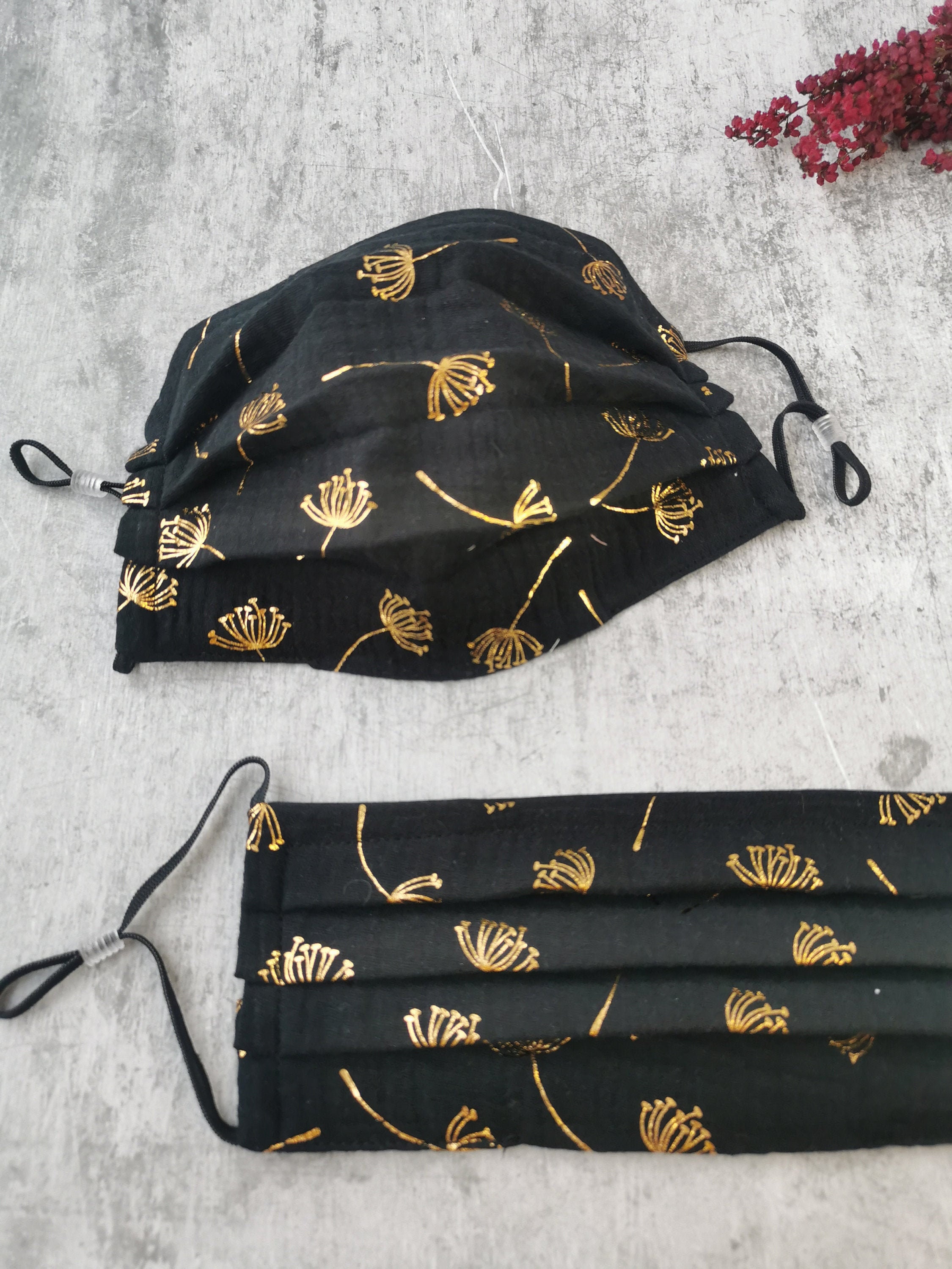 Muslin face mask Balck gold Face Mask with nose wire Shiny Etsy