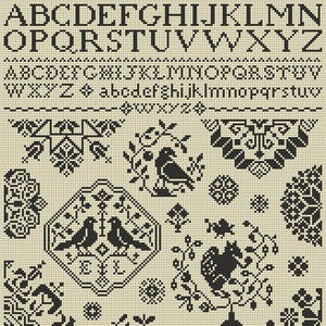 Quaker Cross Stitch Sampler PDF chart using original Quaker motifs