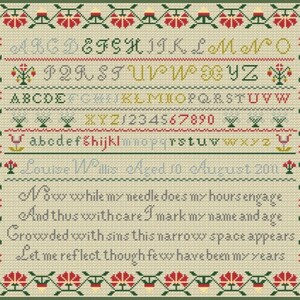 Cross Stitch Sampler chart/pattern using original antique border, verse and alphabet patterns