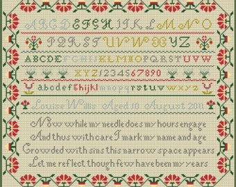 Cross Stitch Sampler chart/pattern using original antique border, verse and alphabet patterns