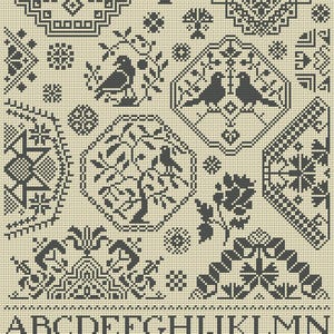 Quaker Cross Stitch Sampler PDF chart using original Quaker motifs