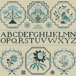 Quaker Cross Stitch Sampler PDF chart using original Quaker motifs