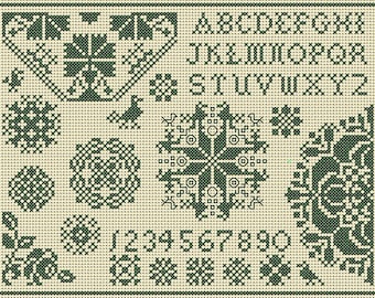 Quaker Cross Stitch Sampler PDF chart/pattern using original Quaker motifs