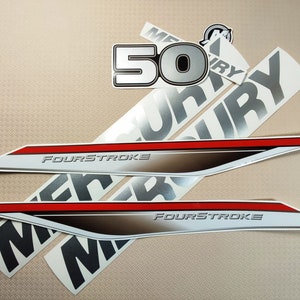 Decal for Mercury 50 Outboard. Vinyl kit sticker Mercury 50 Four Stroke. color Silver. 2006-2012. Handmade graphics stickers for Tuning