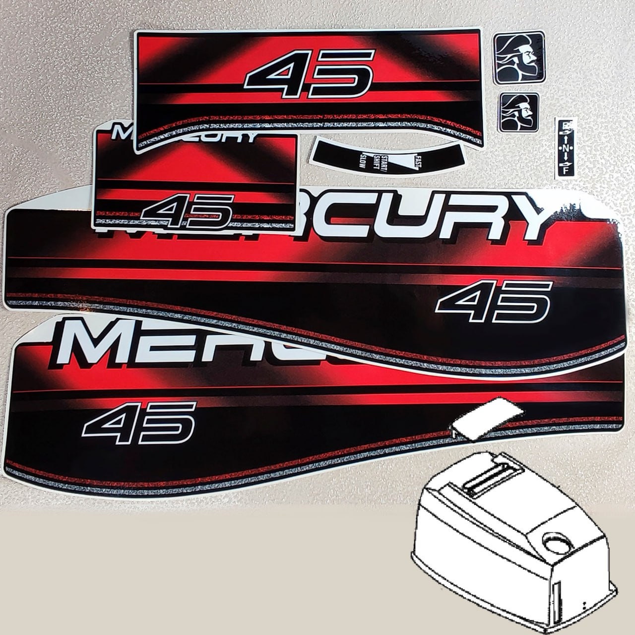 Decal set for MERCURY two stroke 45 hp outboard. Vinyl kit sticker MERCURY 45 hp two stroke. Handmade.For engine cover 813010T8, 816534T8