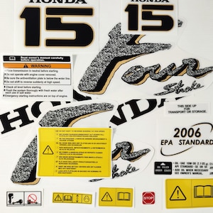 Vinyl-Grafikaufkleber-Set handgefertigt für Honda 15 Viertakt-Außenbordmotor. Vinyl-Kit-Grafikaufkleber für Honda 15. Handgefertigt