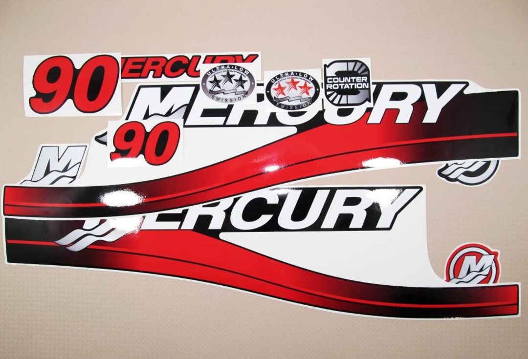 90 Hp Mercury Outboard Mercury 90 HP Two-Stroke Outboard Engine Decal Set – Red Reproduction Stickers Mercury 150 Outboard Decals - Foto 10