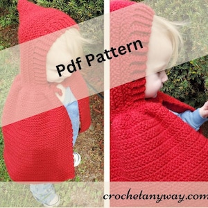 May include: A red crocheted hooded cape with a pointed hood. The cape is being worn by a child and the image includes the text "Pdf Pattern" and the website "crochetanyway.com".