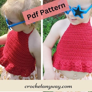 Könnte beinhalten: Ein rotes Häkel-Halter-Top mit einem Rüschen-Saum. Das Top wird von einem Kind mit blauen Sonnenbrillen getragen. Das Bild enthält den Text "Pdf Pattern" und die Website "crochetanyway.com".