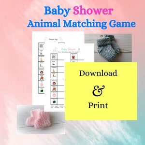 May include: Printable baby shower game with an animal matching theme. The game features a grid with animal illustrations and a separate answer key. The text "Download & Print" is displayed on a yellow background.