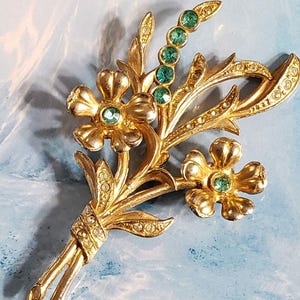 Antique Large Art Nouveau Flower Brooch Early 1900s 3.5&quot; Green Rhinestones fb1-1