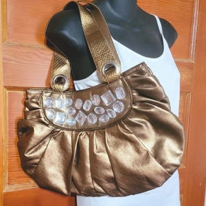 Vintage Shiny Bejeweled Metallic Bronze Purse Handbag Pleated Diva Retro
