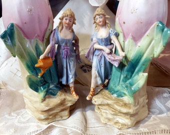 PAIR of Vintage French Or German Bisque Beautiful Condition Faerie Garden Figurines