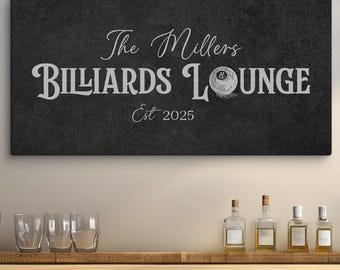 Personalized Billiards Lounge Sign, Pool Room Sign, Modern Farmhouse Wall Decor, Billiards Room Sign, Canvas Print, Last Name Pool Hall Sign