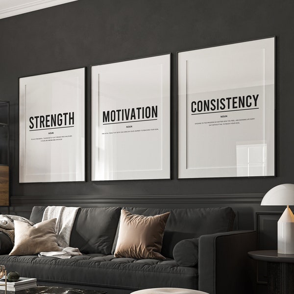 Motivational Definition Posters 3 Piece Wall Art Set For Home Gym Wall Art, Printable Motivational Posters, Gym Decor, Set Of 3 Gym Signs