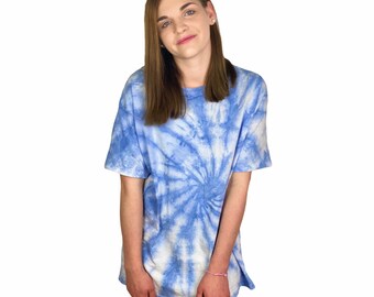 Tie Dye Batik T-Shirt Top Tie Unisex Ladies Men's S M L XL Selfmade Blue White Dye Dyed Spiral