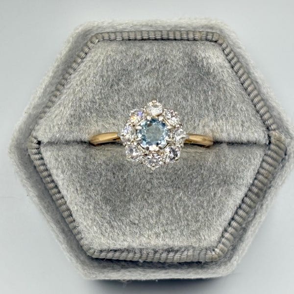 Vintage 18k Gold & Platinum Aquamarine Diamond Halo Cluster Ring