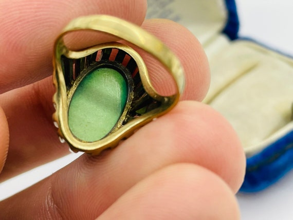 Antique 8K Rose Gold Green Turquoise Art Deco Ring - image 6