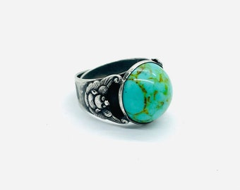 Antique Art Nouveau Chinese Export Silver Bat Turquoise Ring