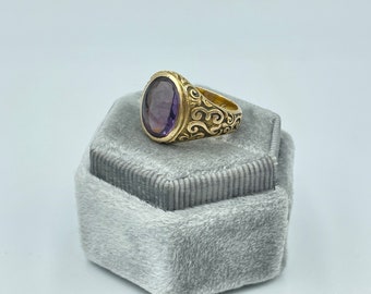 1923 Dated Art Deco 14K Gold Amethyst Decorative Signet Ring Antique