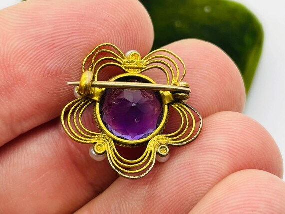 Antique Art Nouveau 14K Gold Amethyst & Pearl Flo… - image 3