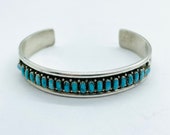 Vintage Zuni Sterling Silver Needlepoint Turquoise Row Cuff Bracelet