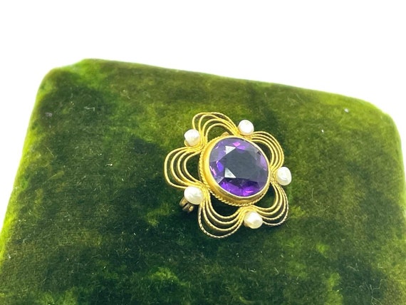 Antique Art Nouveau 14K Gold Amethyst & Pearl Flo… - image 2