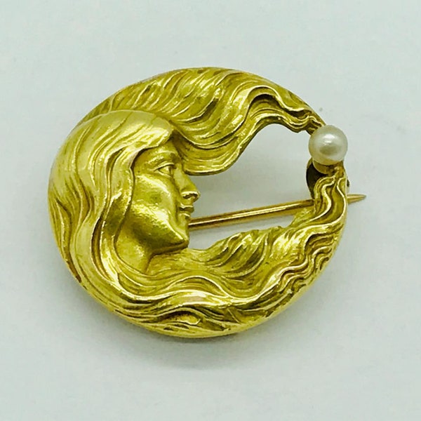 HOLD SARAH Carter & Gough Signed 14K Gold Art Nouveau Flowing Hair Woman Pearl Watch Pin Brooch