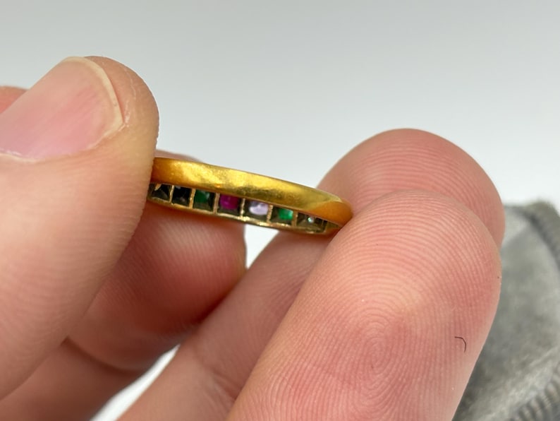 Antique 22k Gold "DEAREST" Multi Gemstone Ring Band Vintage image 6
